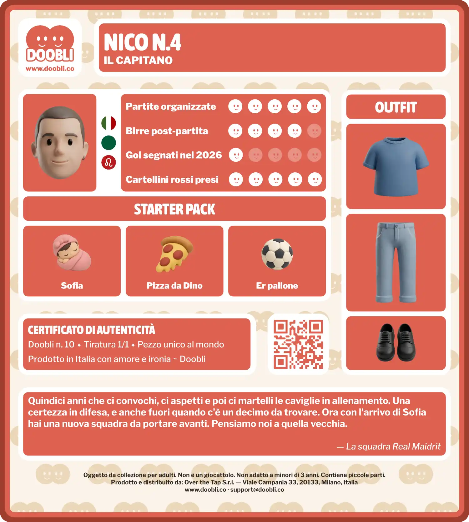 Retro della confezione Doobli di Nico: statistiche, starter pack, outfit, certificato di autenticità e note di prodotto