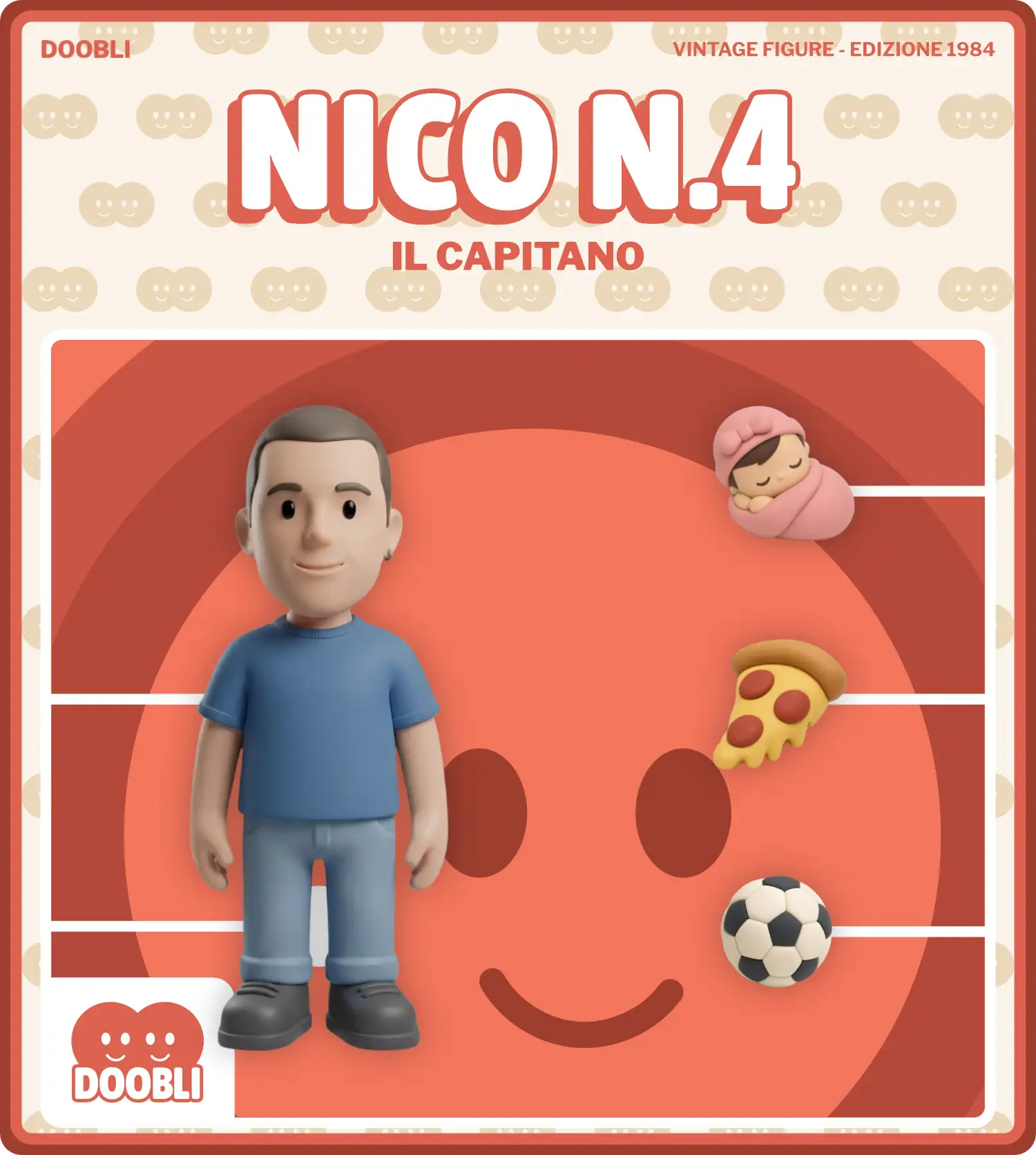 Fronte della confezione Doobli di Nico: la figure personalizzata a sinistra e i tre oggetti a destra — racchetta da tennis, carota e sci